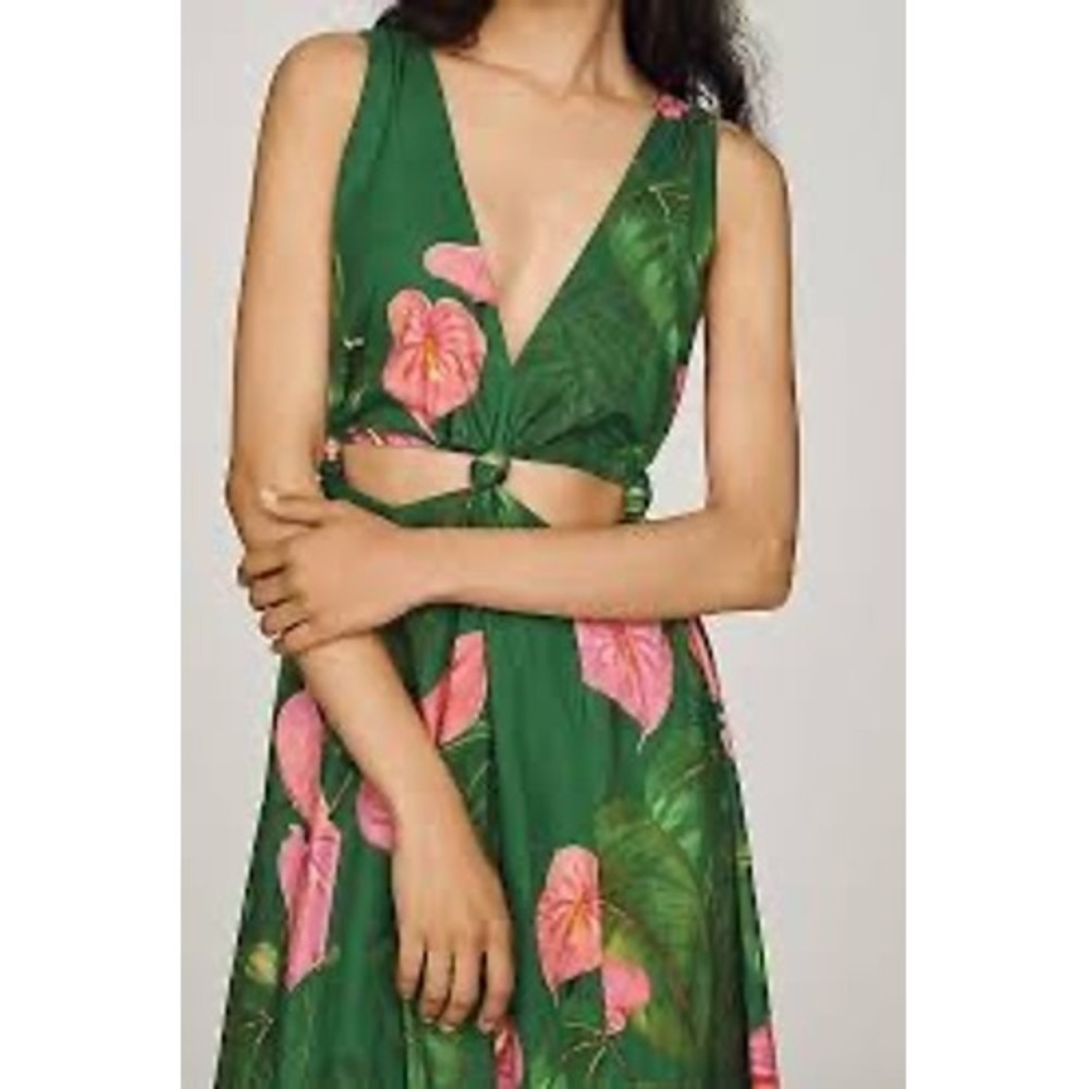 NWT $258 FARM RIO Green Tropical Floral Cutout Coastal Beach Midi Dress SMALL